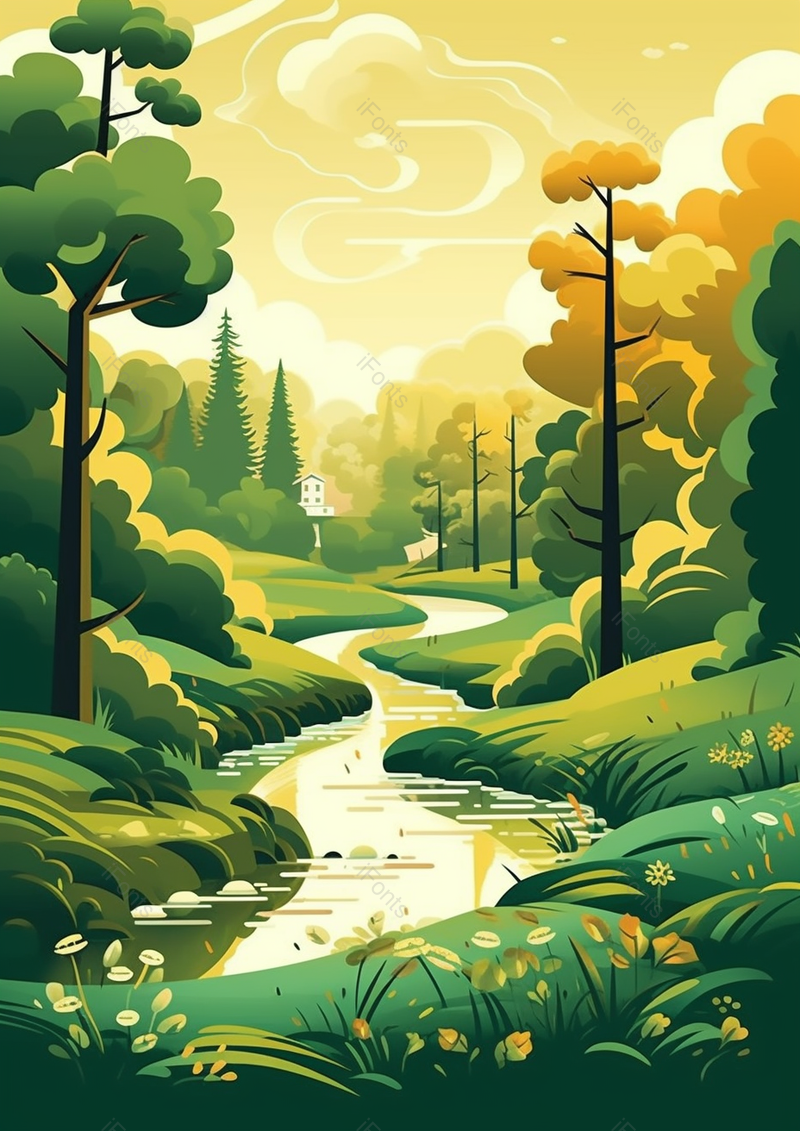 夕阳安静自然小河流淌河水穿过草地树林田园主义插画,插画/手绘图,插画/手绘图库,插画/手绘图下载,插画/手绘